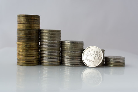 Set of Russian ruble coins on grey backgroundの写真素材
