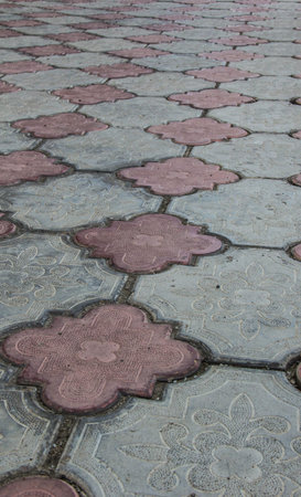 the road is paved with decorative colored tiles.