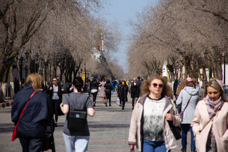 Orenburg, Orenburg region, Russia - 04.12.2021: People walk along the main street of the city.のeditorial素材