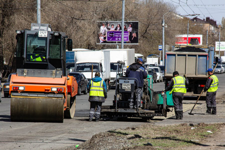 Orenburg, Orenburg region, Russia - 04.21.2021: Repair of the road surface on a multi-lane