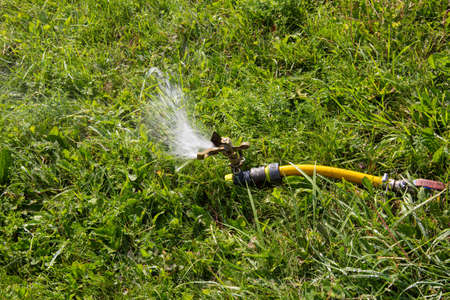 Irrigation system on the lawn sprinkling water on a hot summer day.の写真素材