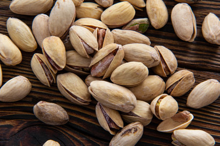 Fried open pistachios on an old wooden table.の写真素材