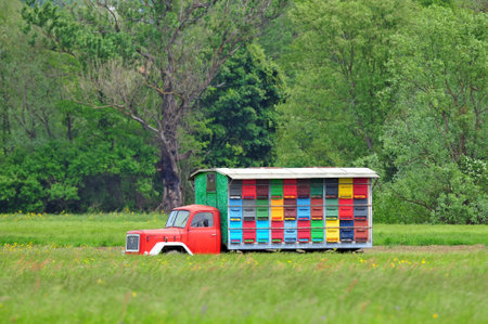 Mobile apiary parked in a fieldのeditorial素材