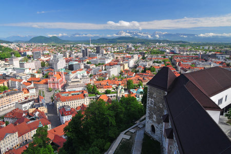 Panoramic view of Slovenian capital Ljubljana with Ljubljanas castle in the foregroundのeditorial素材