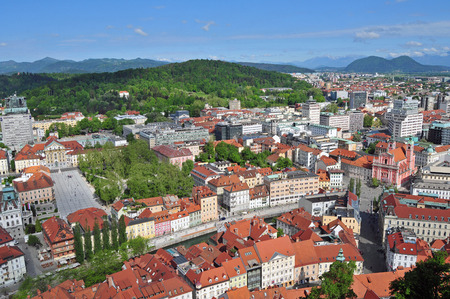 Aerial view of Ljubljanas old city center with Roznik hill in the backgroundの写真素材