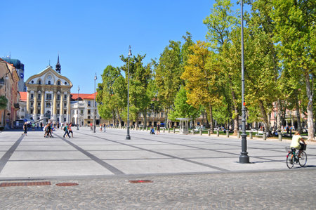 Ljubljana, Slovenia - September 1, 2015 - Congress square and Ursuline church in the backgroundのeditorial素材