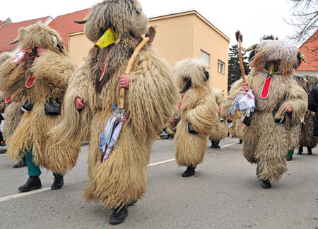 Traditional carnival on shrove sunday with traditional figures, known as kurent or korent in Ptuj, Sloveniaのeditorial素材