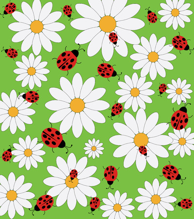 Daisy and ladybird pattern on a green backgroundのイラスト素材