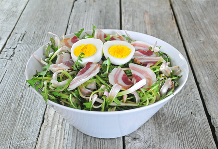 Fresh dandelion salad with boiled eggs and baconの写真素材