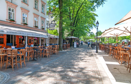 Ljubljana, Slovenia - June 7, 2016 Popular and famous cafe bar in Ljubljanas old town center, called Macekのeditorial素材