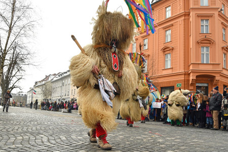 Ljubljana, Slovenia - February 10, 2018 - Traditional carnival on shrove Saturday with traditional figures, known as kurent or korent in Ljubljana, Sloveniaのeditorial素材
