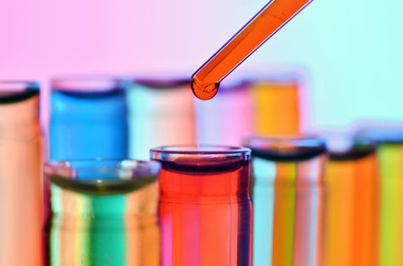 Close up of chemistry test tubes with reagents and pipette