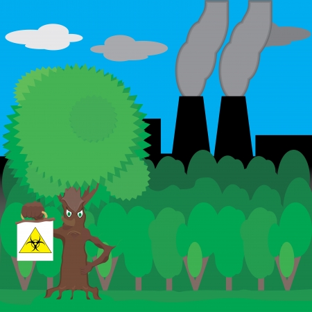 Fairy tree holding a sign biohazard in a forest and plant a pipe which goes black smokeのイラスト素材