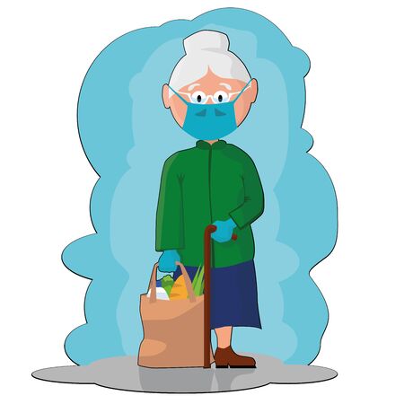Elderly woman with a masked bag and gloves for protection from Coronavirusのイラスト素材