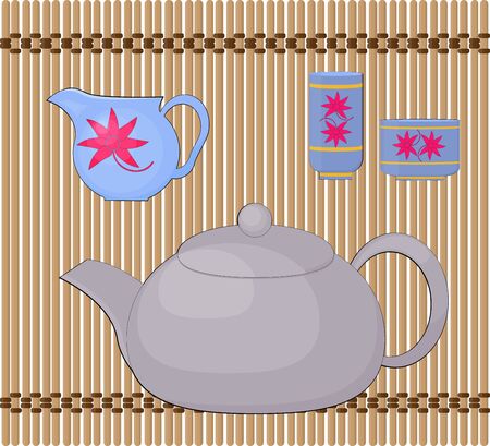 Items for a Chinese tea ceremony on a bamboo mat.のイラスト素材