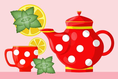 Red teapot and red cup with a slice of lemon and mint leaves.のイラスト素材