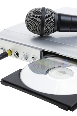 CD player and microphone on white backgroundの写真素材