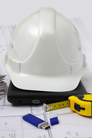 Helmet on notebookの写真素材
