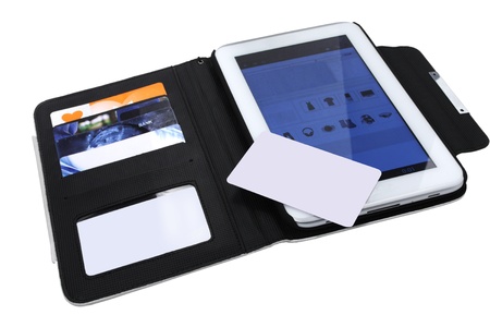 open digital tablet with blank card white backgroundの写真素材