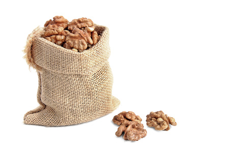 sack with walnut on white backgroundの写真素材