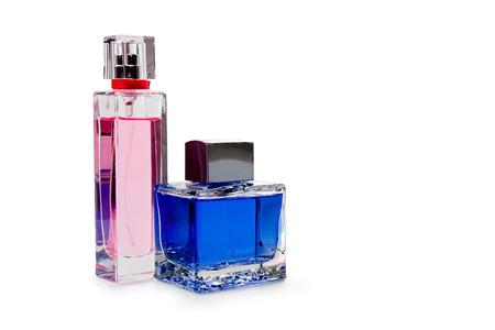 blue and pink perfume bottle on white backgroundの写真素材