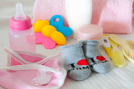 baby care accessories with socks with the words "i love mom"の写真素材
