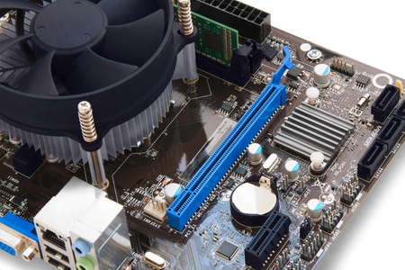 Part motherboard with video card slot on white background.の写真素材