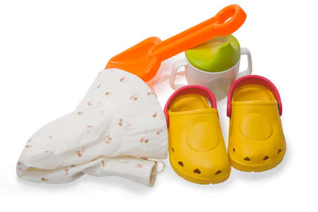 baby accessories for summer on white backgroundの写真素材