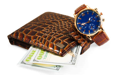 wallet with dollars and watch on white backgroundの写真素材