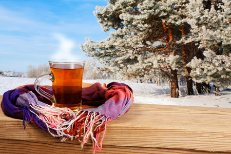 tea mug with scarf overlooking the winter forestの写真素材