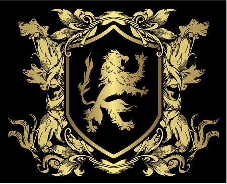 vintage illustration of an emblem with floral and lionの写真素材