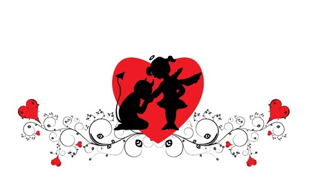 valentine illustration with hearts floral and silhouetteの写真素材