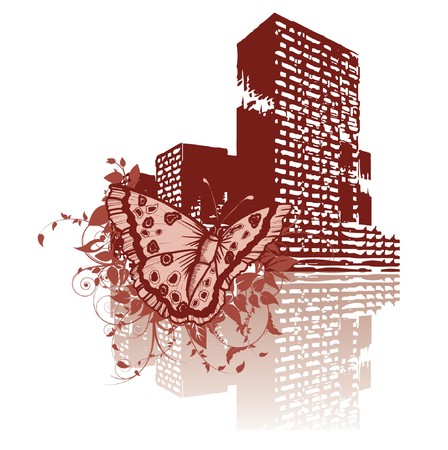abstract illustration with floral, butterfly and cityの写真素材