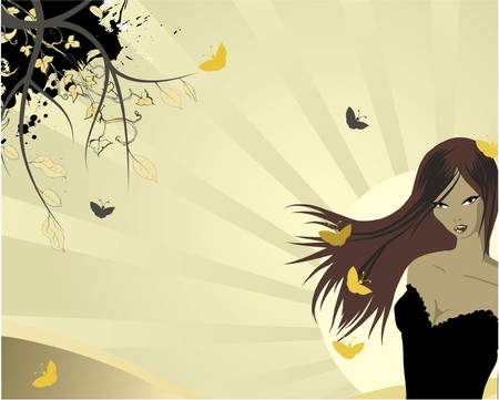 abstract illustration with floral, butterfly and silhouetteの写真素材