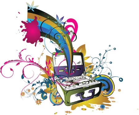 abstract illustration with floral, grunge and tape recorderの写真素材