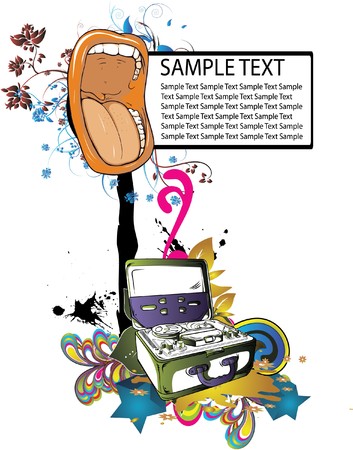 abstract illustration with floral, grunge and tape recorderの写真素材