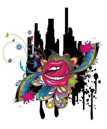 abstract illustration with floral, grunge and mouthの写真素材
