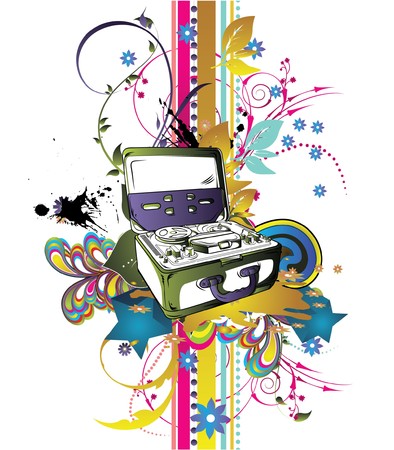 abstract illustration with floral, grunge and tape recorderの写真素材