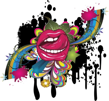 abstract illustration with floral, grunge and mouthの写真素材