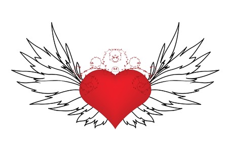valentine illustration with heart, floral and wingの写真素材
