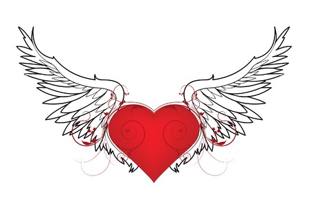 valentine illustration with heart, floral and wingの写真素材