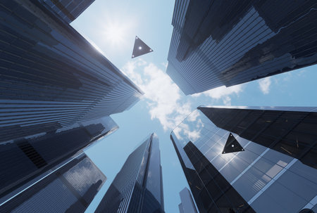 UFO flies in the sky above skyscrapers. 3D renderingの写真素材