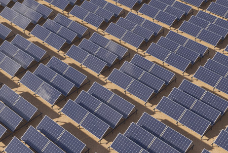 A field covered with solar panels. Green energy. 3d render