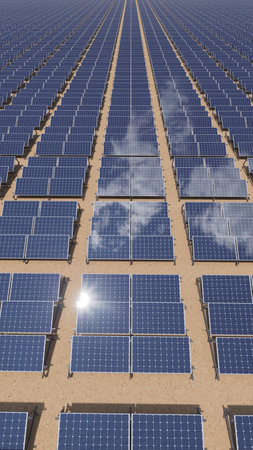 A field covered with solar panels. Green energy. 3d renderの写真素材