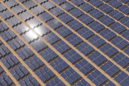 A field covered with solar panels. Green energy. 3d renderの写真素材