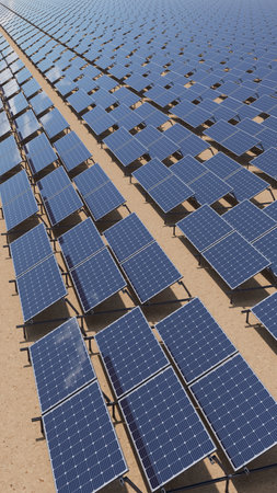A field covered with solar panels. Green energy. 3d renderの写真素材