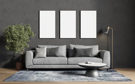Modern living room interior with two blank posters on wall. Mock up, 3D Renderingの写真素材