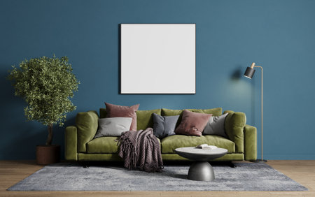 Interior of modern living room with green sofa and mock up poster on blue wallの写真素材