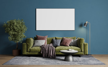 Interior of living room with green sofa, coffee table and blank poster on blue wallの写真素材