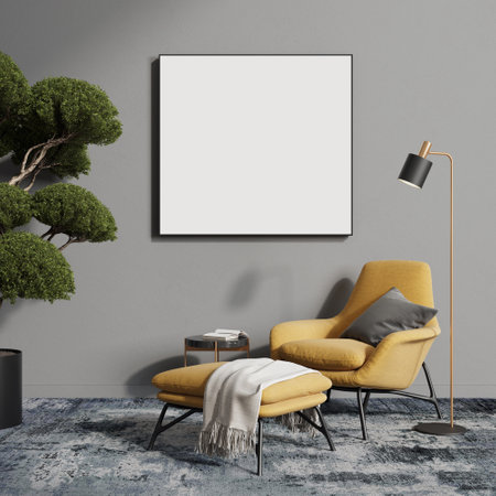 Interior of modern living room with gray walls, concrete floor, yellow armchair standing near coffee table and vertical mock up poster frame. 3d renderingの写真素材
